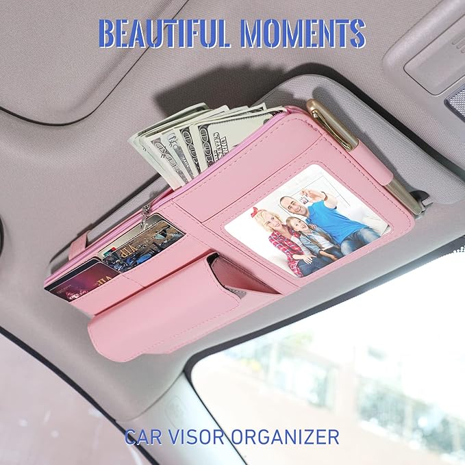 Car Visor Organizer for Auto Interior Accessories - Sunvisor Organizers with Glasses Holder and Picture Frame, Cute Visor Accessories for Women, Car Essentials for Truck You Must Have - Pink