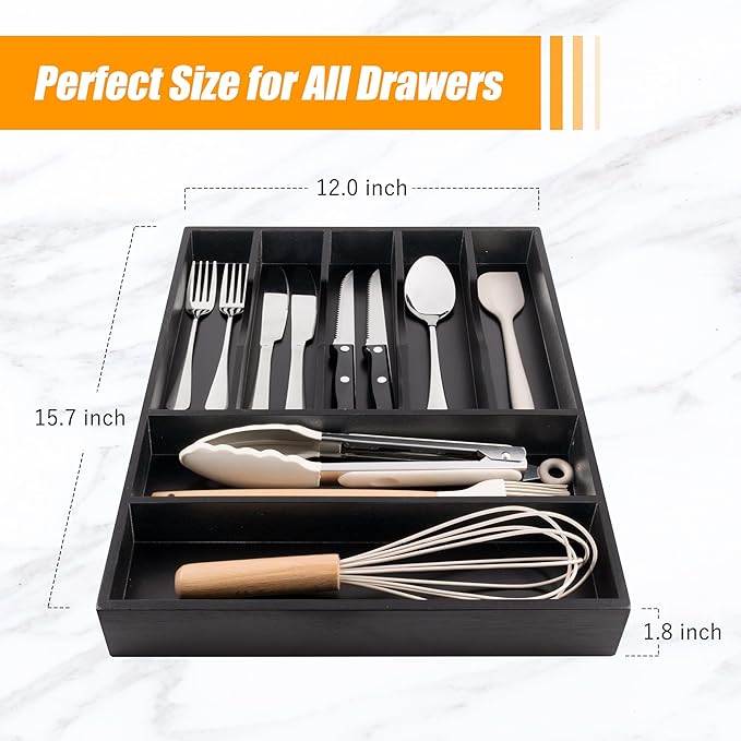 Bellsal Bamboo Silverware Drawer Organizer, Utensil Kitchen Drawer Organizer, Utensil Holder Cutlery Tray with Grooved Drawer