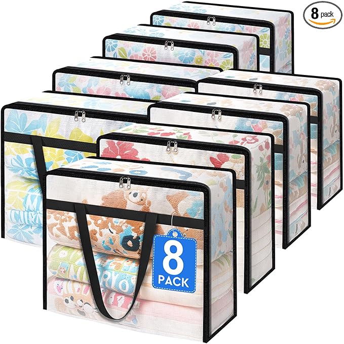 TasticTotes 8 Pack Clear Storage Bags for Comforter, Clothes & Bedding, Plastic Blanket Storage with Zipper and Handle, Movin