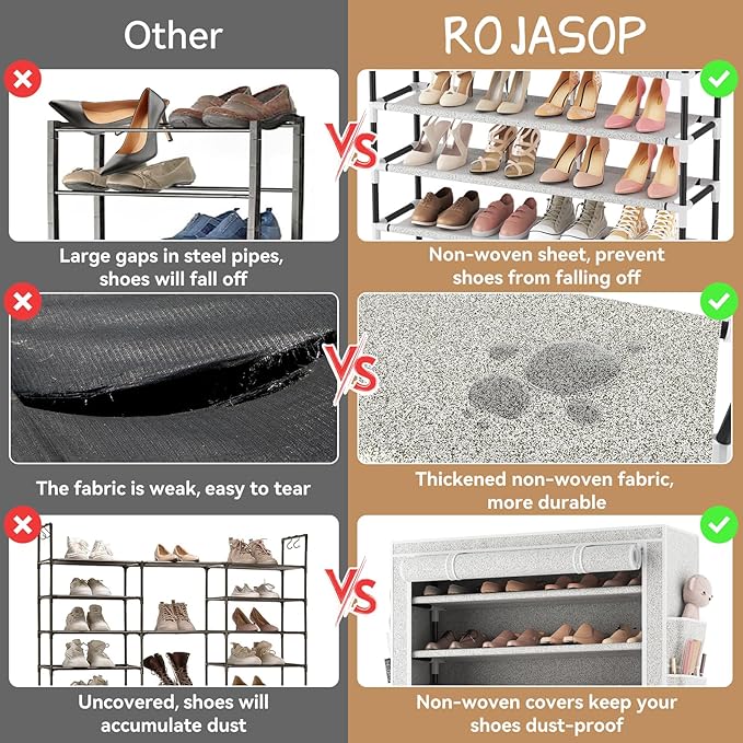 ROJASOP 10 Tier Shoe Rack with Covers Large Capacity Stackable Tall Shoe Shelf Storage for 50-55 Pairs Shoe and Boot, Sturdy 