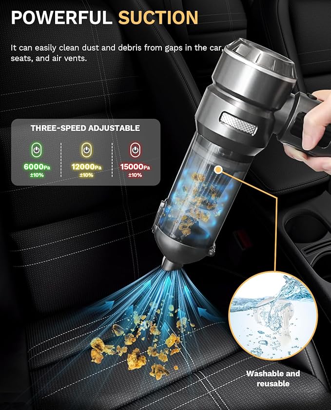Baiwade Cordless Handheld Car Vacuum Cleaner, 15000PA High Power 2-in-1 Mini Vacuum Duster & Inflator with LED Display Screen