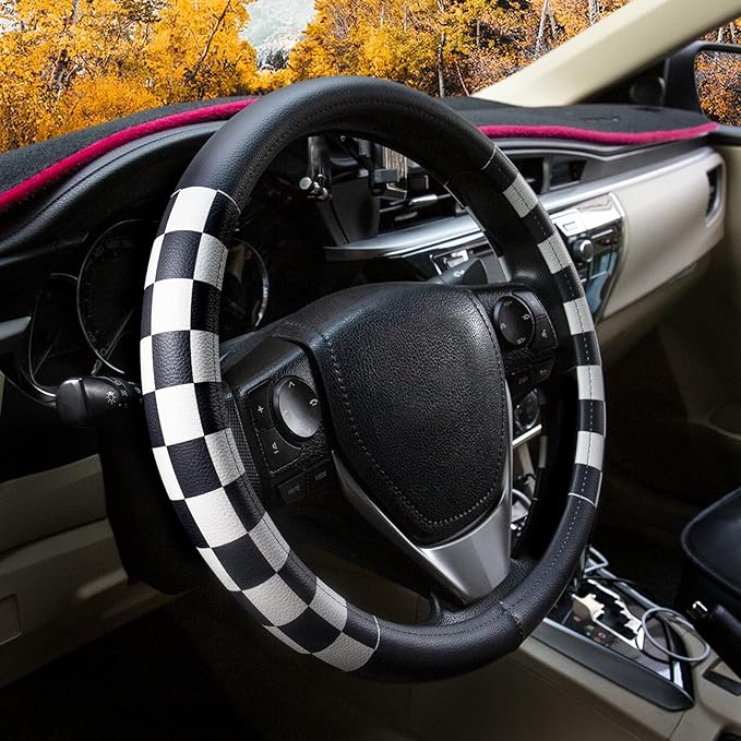 Evankin Lattice Leather Steering Wheel Cover, Black and White Checker Car Accessories, Non-Slip and Comfortable Unisex Univer