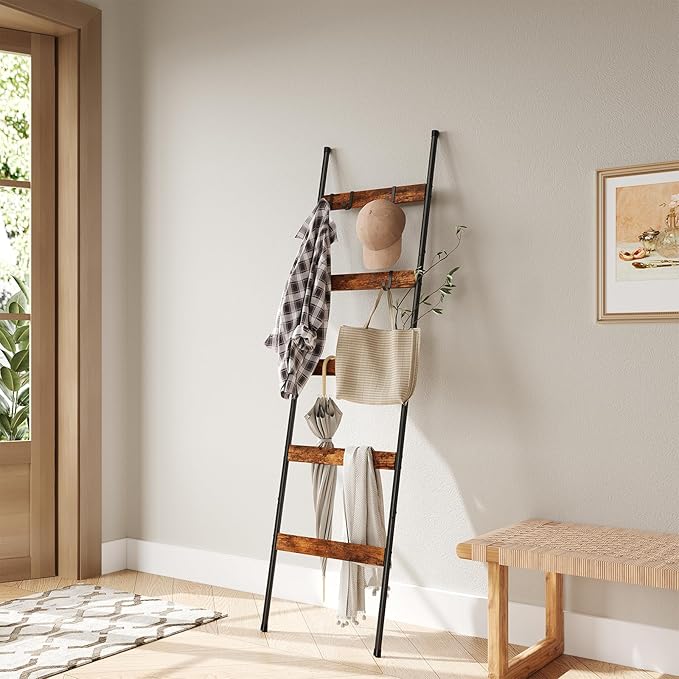 ELYKEN Blanket Ladder for Living Room, Farmhouse 5-Tier Quilt Holder with 4 Removable Hooks for Bathroom, Wood Towel Rack Dis