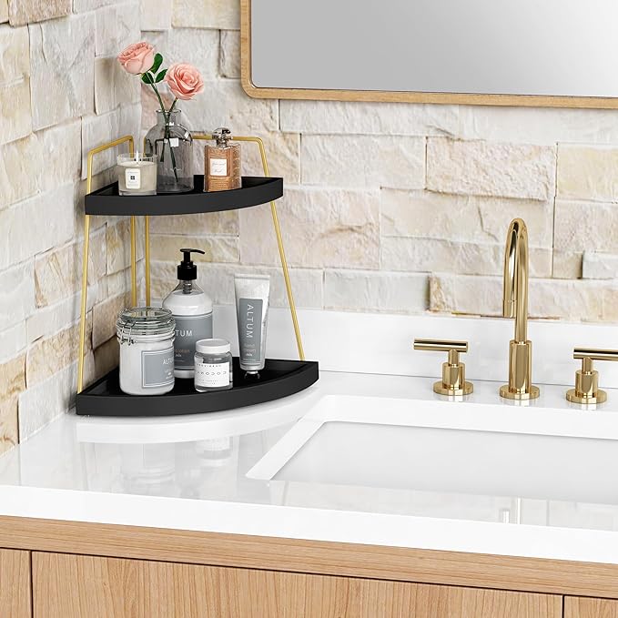 Forbena Black and Gold Corner Bathroom Counter Organizer, Modern Kitchen Countertop Shelf Organizer for Sink, Two Tier Makeup