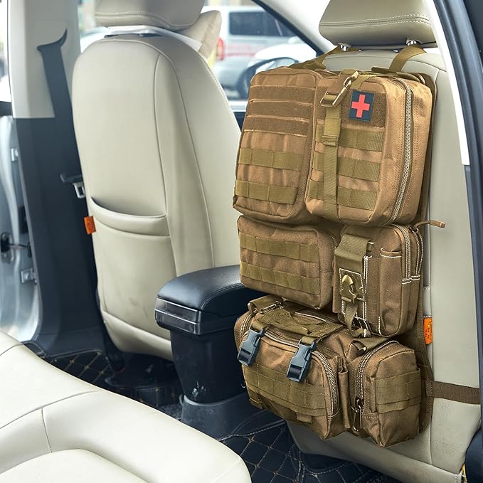 Universal Tactical Seat Back Organizer Vehicle Molle Panel Organizer Storage Bag with 5 Detachable Molle Pouch for All Vehicel Such as Jeep,Truck,SUV, Car, Ford,Chevy etc