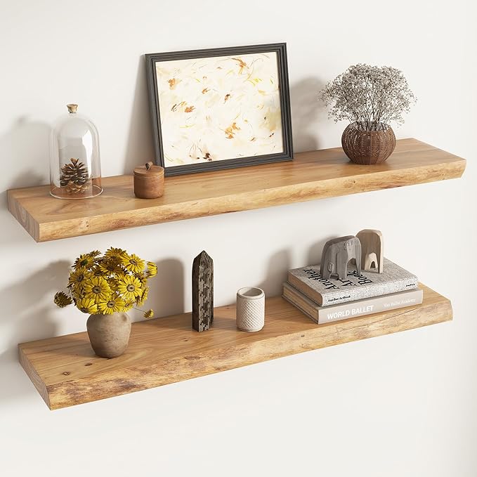 Live Edge Elm Floating Shelves for Wall Decor, Rustic Solid Wood Shevles Wall Mounted with Invisible Bracket for Living Room 
