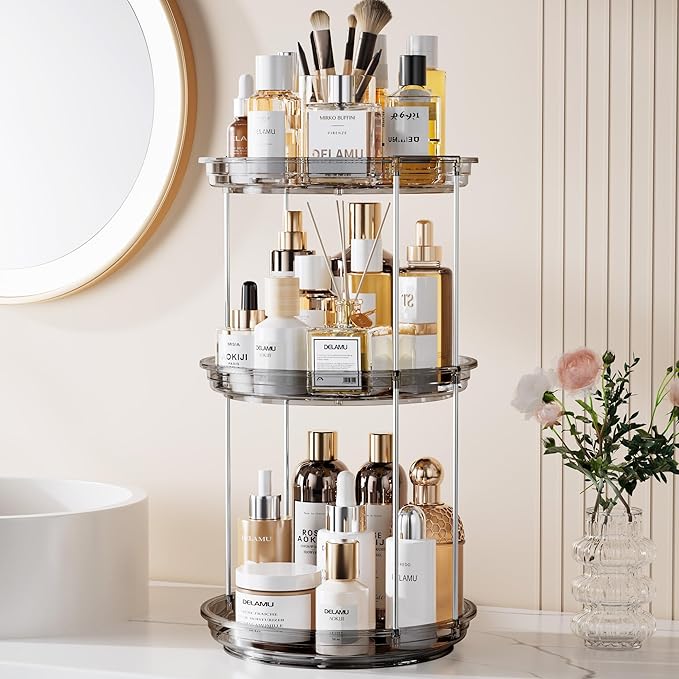 Delamu 3 Tier Rotating Makeup Organizer for Vanity, Skincare Organizer for Bathroom Counter, Spinning Perfume Organizer Cosme