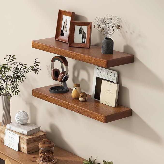 Fun Memories 24 Inch Floating Shelves, Rustic Solid Wood Wall Shelves Set of 2, 8 Inch Deep Floating Shelf for Bathroom, Bedr