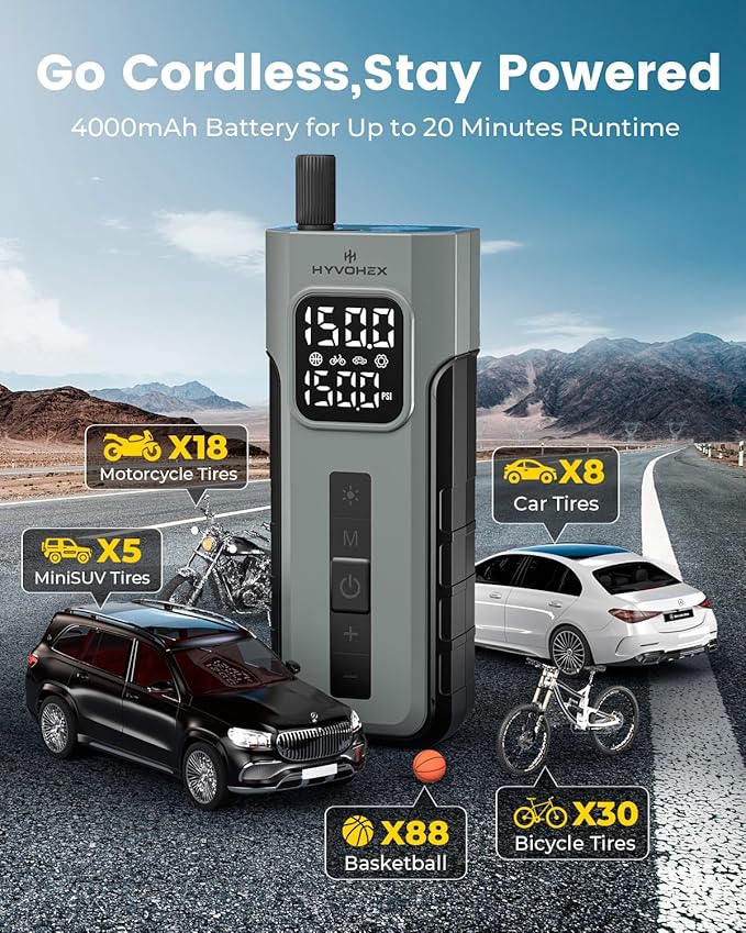 Tire Inflator Portable Air Compressor, 1 Min Fast Inflation Cordless Bike Pump with Digital Pressure Gauge LED Light, 150 PSI Electric Air Pump for Car Tires, Bicycle, Motorcycle, Ball (Black)