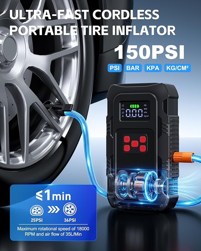 5000A Jump Starter with Air Compressor, Portable Car Battery Jump Starter with 150 PSI Tire Inflator for Up to 10.0L Gas and
