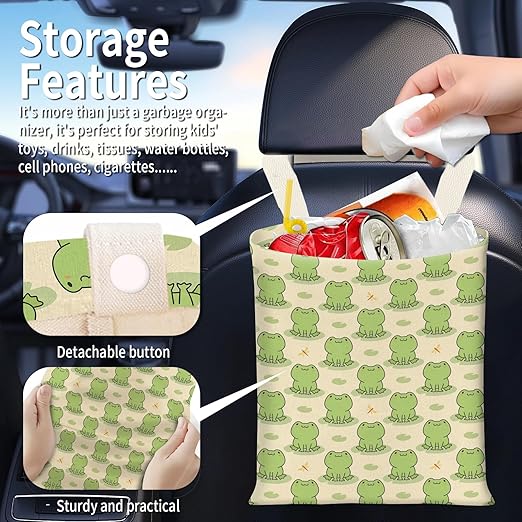 Hanging Car Garbage Bag, Cute Car Trash Can Bag, Automotive Accessories for Women Men Cute Green Frogs