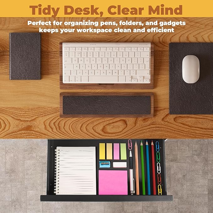 POPMOON 16 Inch Under Desk Drawer,Adjustable Height,Under Desk Drawer Slide Out, Metal Storage Drawer with Cable Management f