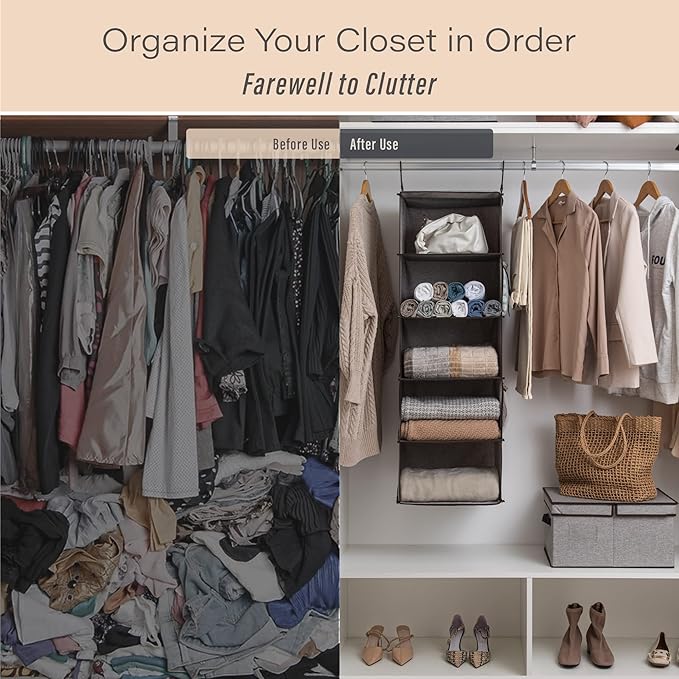 StorageWorks 5-Shelf Hanging Shelves for Closet, Foldable Hanging Closet Organizers with 2 Side Pockets, Portable Clothes Org