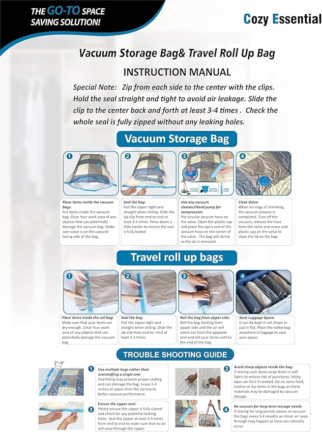 Cozy Essential Vacuum Storage Bags, 80% Compression Vacuum Seal Space Saver Plastic Packaging Bags for Clothes, Blankets, Pil