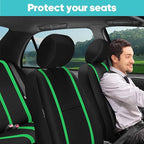 FH Group Unique Flat Cloth Full Set Car Seat Covers w. Silicone Steering Wheel Cover- Universal Fit for Most Cars, Trucks, SUVs or Vans (Green/Black)