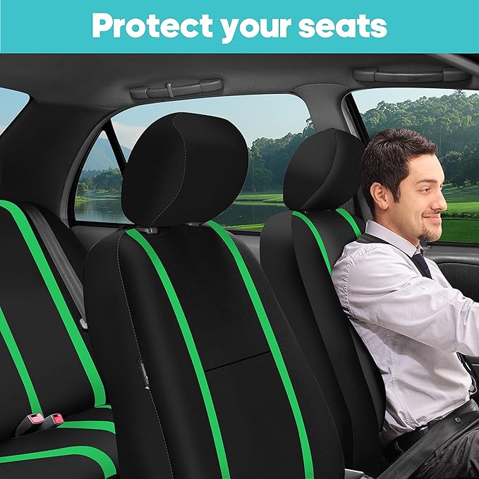 FH Group Unique Flat Cloth Full Set Car Seat Covers w. Silicone Steering Wheel Cover- Universal Fit for Most Cars, Trucks, SUVs or Vans (Green/Black)