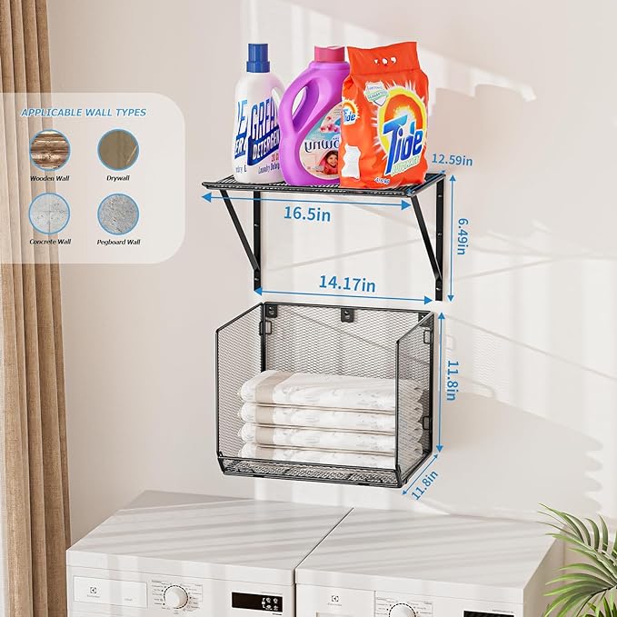 2 Pack Laundry Room Shelves Organization and Storage,Wall Mounted Clothes Drying Rack with Wire Mesh Basket Over Washer and D