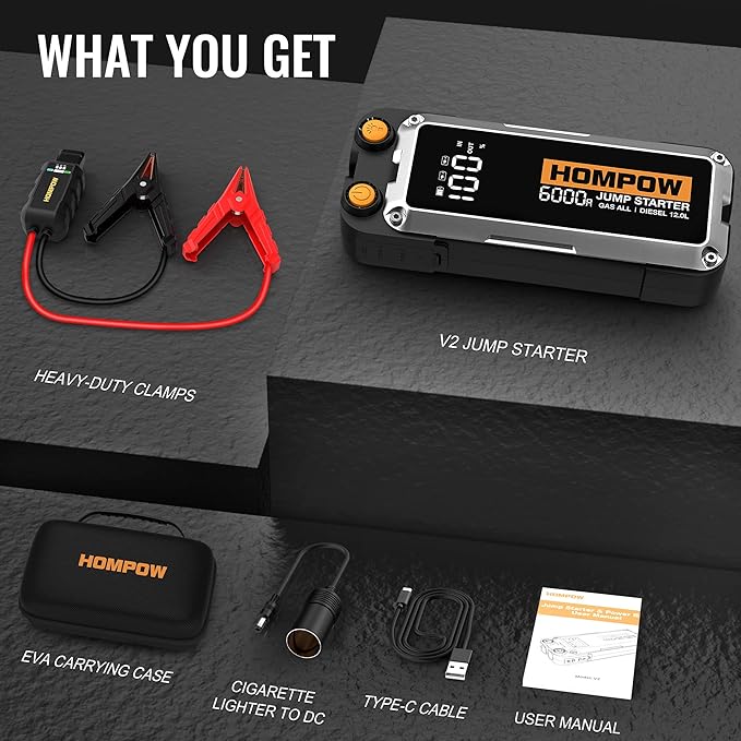 6000A Car Jump Starter, Portable Car Jumper Starter Battery Pack for All Gas and Up to 12L Diesel Engine, 12V Jump Box with