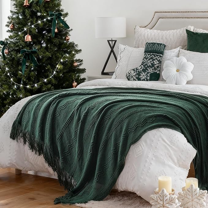 BATTILO HOME Christmas Décor Green Throw Blanket with Fringe, Geometric Bed Throws Dark Green Throws Decorative Throw Blanket