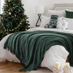 BATTILO HOME Christmas Décor Green Throw Blanket with Fringe, Geometric Bed Throws Dark Green Throws Decorative Throw Blanket