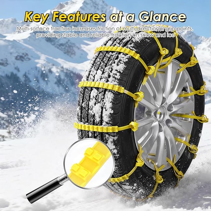 12 Pcs Snow Tire Chains - Portable Plastic Non-Slip Anti-Skid Traction Cables for Winter Driving/Fits Most Cars, SUV & Trucks