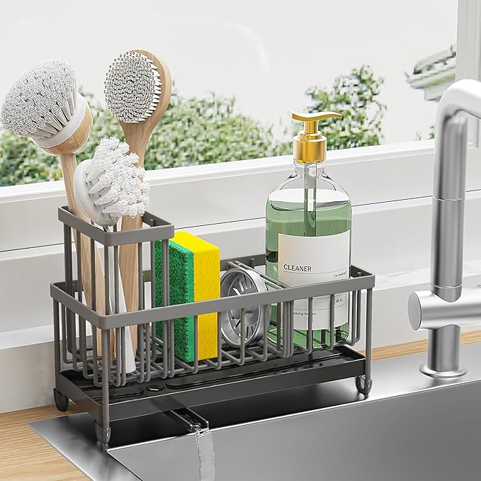 Cisily Sponge Holder for Kitchen Sink, Sink Caddy Organizer with High Brush Holder, Kitchen Countertop Organizers and Storage