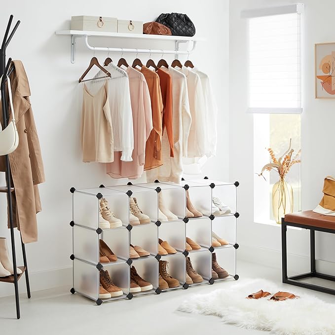 SONGMICS Shoe Rack with 16 Cubes, Interlocking Plastic Shoe Organizer, DIY Storage Cabinet for Closet Entryway Bedroom Garage