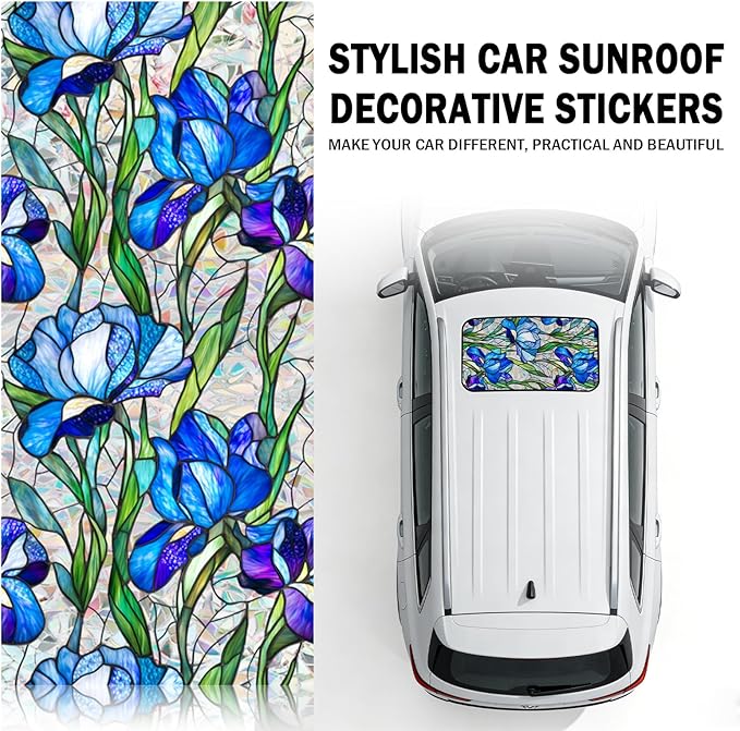39.37×16.92 Inch Car Sunroof Stained Glass Window Film,Stylish Sunroof Sticker Static Cling Privacy Film Sun Protection,Stained Glass Sunroofs Films Car Interior Accessories