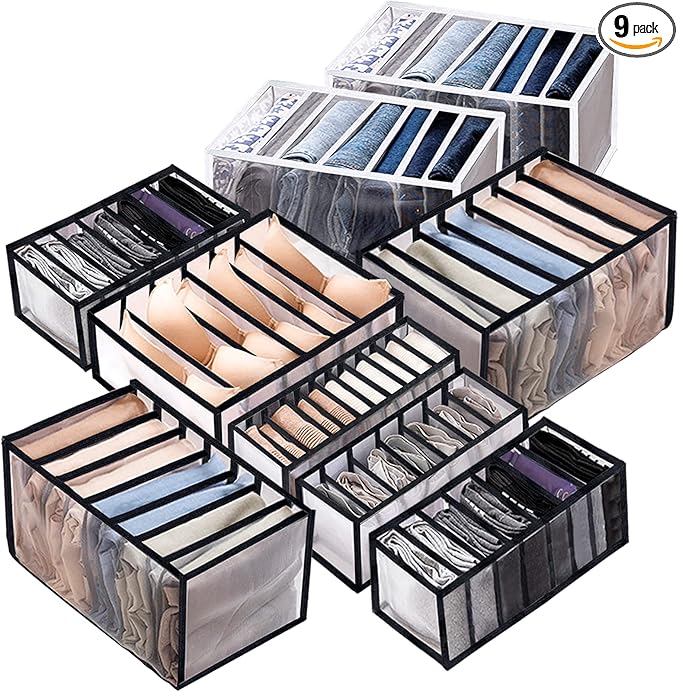 ULENDIS 9 Pack Wardrobe Clothes Organizer for Drawers, Foldable Clothes Drawer Mesh Separation Box, Drawer Dividers for Cloth