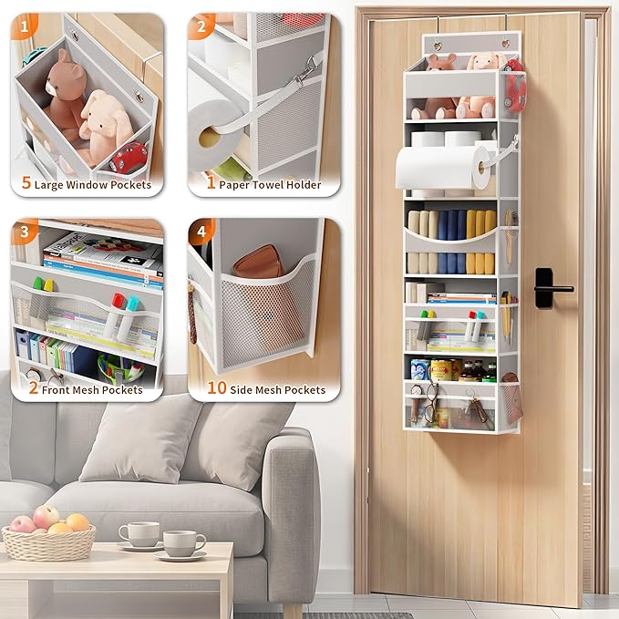 Over the Door Organizer - Behind the Door Storage with Rope for Toilet Paper Storage - Door Organizer Hanging with 5 Spacious