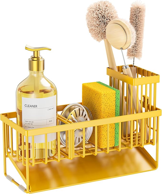 Cisily Lemon Yellow Sink Caddy Organzier with High Brush Holder, Sponge Holder for Sink, 304 Rustproof Stainless, Kitchen Cou