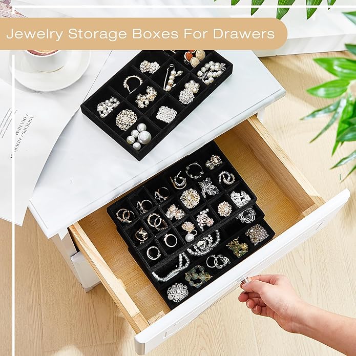 Junkin 12 Pcs Jewelry Tray Velvet Stackable Jewelry Organizer Trays Divided Earring Accessories Storage Containers Box (Rose 