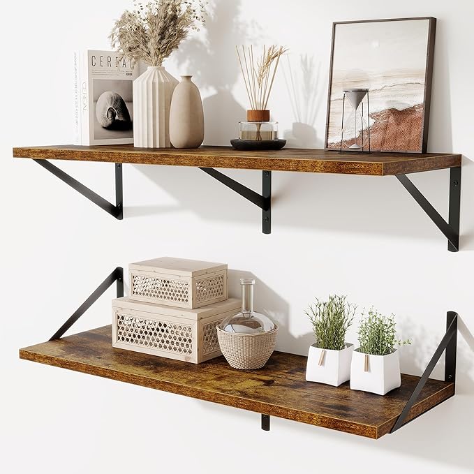 Floating Shelf for Wall,32" WX10 D Wood Floating Shelves with Sturdy Metal Bracket Set of 2,Wall Mounted Hanging Shelf for Ba