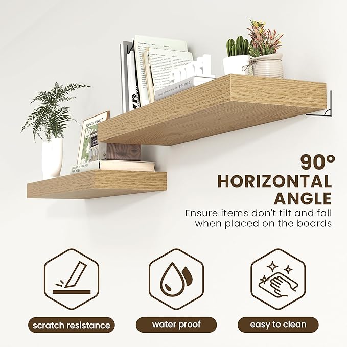 Deep Floating Shelves | 40 Inch Oak Floating Shelves Set of 2 | 12 Inch Deep Wood Wall Shelves | 40" W x 12" D Oak Shelves fo