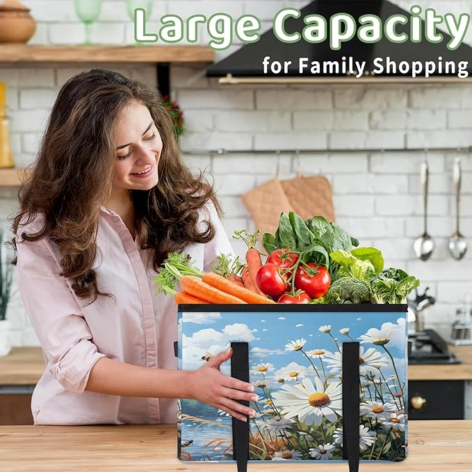 Reusable Grocery Bags Heavy Duty Shopping Bags Foldable Large Tote Bags with Long Handles & Hard Bottom