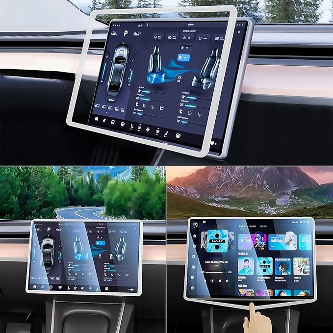 2PCS Protector Trim Frame Compatible with Tesla Model 3 Y 2020-2024 2026 Screen Edge Frame Rearview Mirror Cover Interior Silicone Decorations Center Console Decor Highland Juniper Accessories (White)