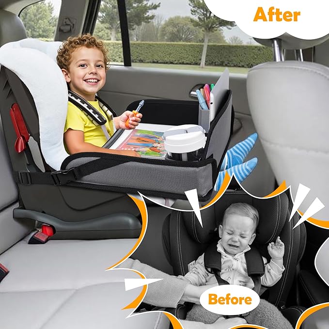 Kids Travel Tray for Toddler Carseat, Road Trip Activities Essentials for Toddler, Kids Lap Desk Tray with Tablet Holder Stand ＆ Dry Erase Board (Grey)