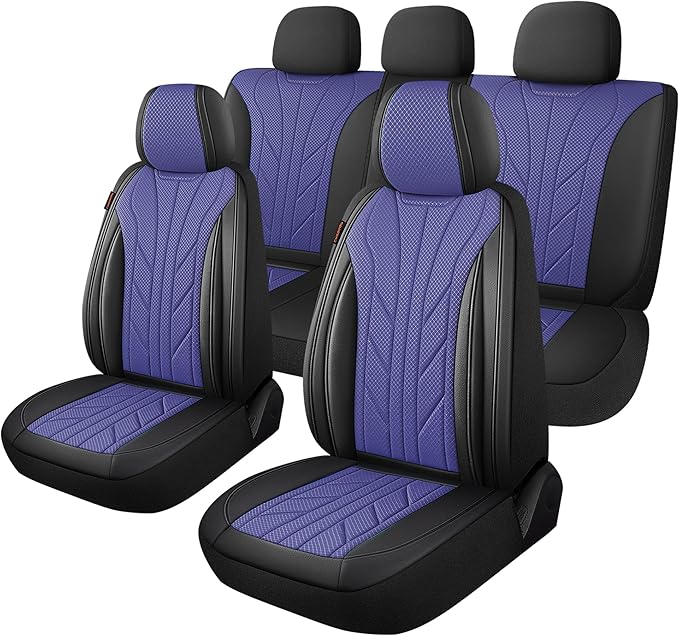 CAROMOP Luxury Faux Leather&Fabric Car Seat Covers Full Set with Breathable 3D Foam Back Support,Universal Comfortable Seat C