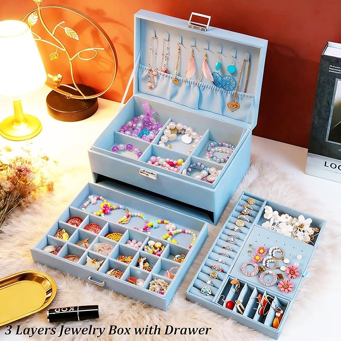 QBestry 3-Layer Jewelry Box for Girls & Teens with Lock and Key, Large Jewelry Organizer with 8 Necklace Hooks & 56 Earring H
