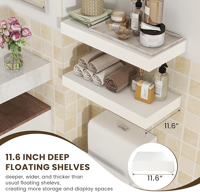 Deep Floating Shelves | 24 Inch White Floating Shelves Set of 2 | 12 Inch Deep Rustic Wood Shelves for Wall | 24" W x 12" D W