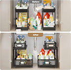 2 Pack Under Sink Organizer With Next-Gen Ball-Bearing Slides,2-Tier Precision Mesh Pull Out Cabinet Shelf Storage for Bathro