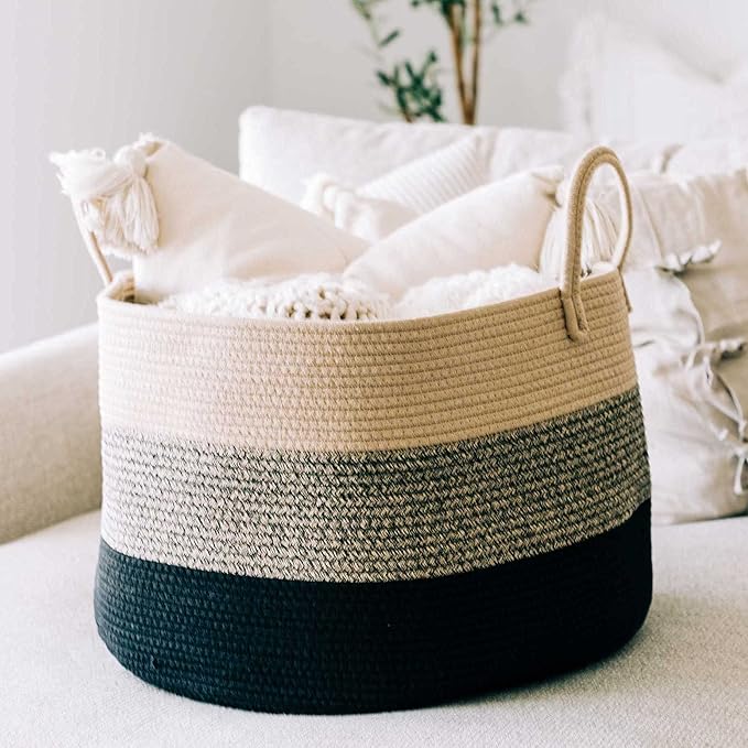 OrganiHaus Large Woven Storage Basket for Blankets and Toys 20" x 13" Inch, Rope Laundry Basket with Handles, Cushions & Pill