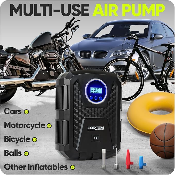 FORTEM Tire Inflator Portable Air Compressor, Air Pump for Car Tires and Bikes, Car Tire Pump w/Auto Shut Off, 150 PSI, 12V DC, LED Light, Carrying Case, for Men, Women