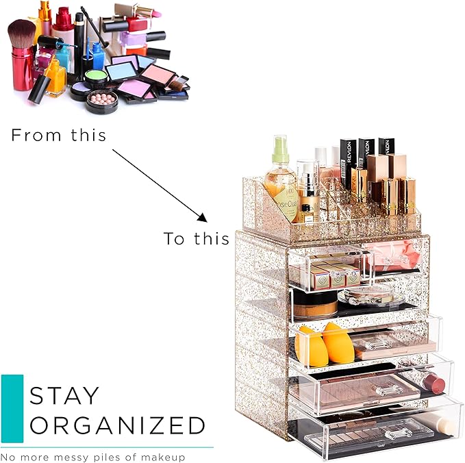 Sorbus Acrylic Makeup Organizer Set, 6-Drawer Vanity & Countertop Cosmetic Storage with Small & Wide Compartments, Glitter Ma