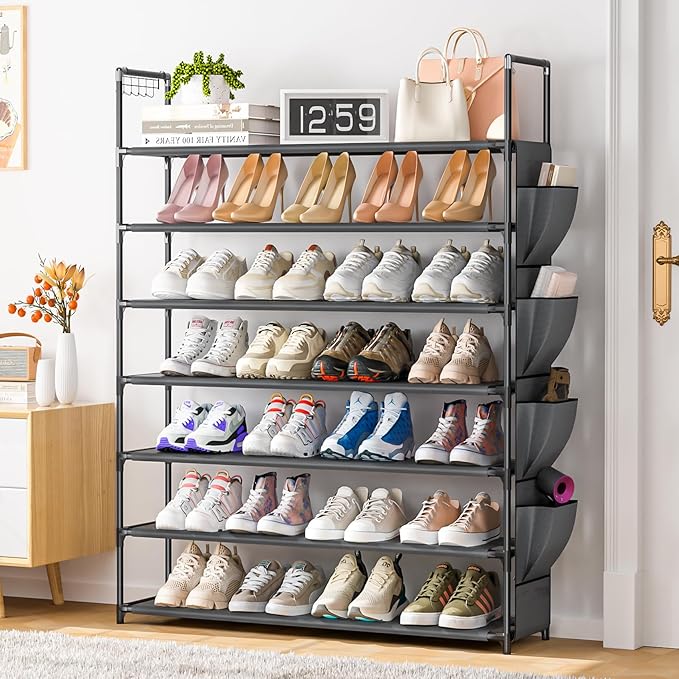 OYREL Large Capacity 7 Tier Shoe Rack, Black, 33.3in Wide x 11.2in Deep x 48.7in Tall, Holds 28-35 Pairs of Shoes, Ultra-Mini