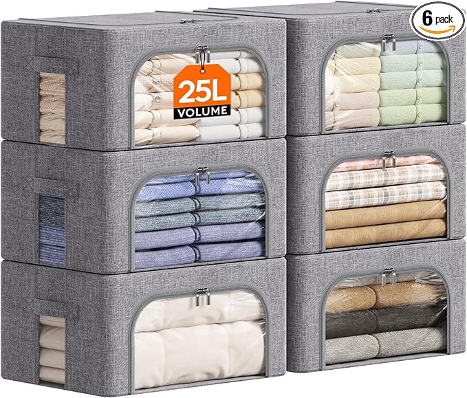 Lifewit Clothes Storage Bins with Metal Frame, Stackable Storage Box, Foldable Clothing Storage Bins with Lids, 25L Storage B