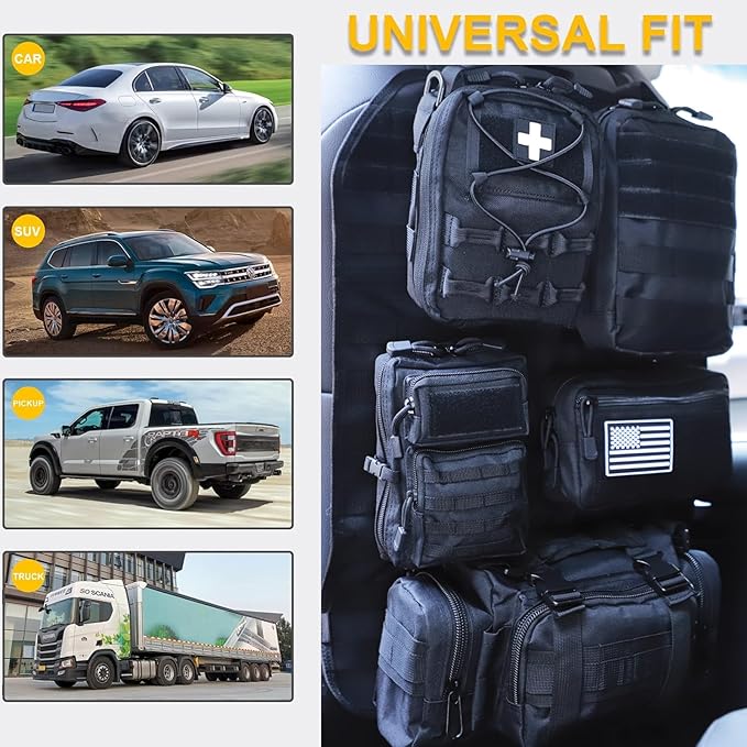 Universal Tactical Car Seat Back Organizer Bag Tactical Molle Vehicle Organizers Panel Vehicle Protector Organizers with 5 Detachable Pouches for Car Truck Ford Jeep (Model B-Black)
