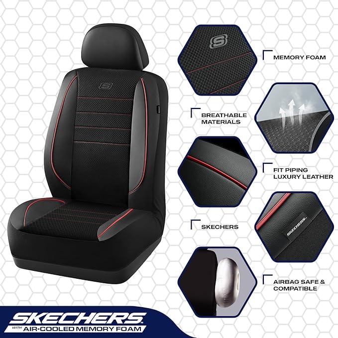 Skechers Air-Cooled Memory Foam Seat Covers,Mesh Thick Car Seat Covers,Piping Leather Car Seat Cover Full Set,Airbag Compatib