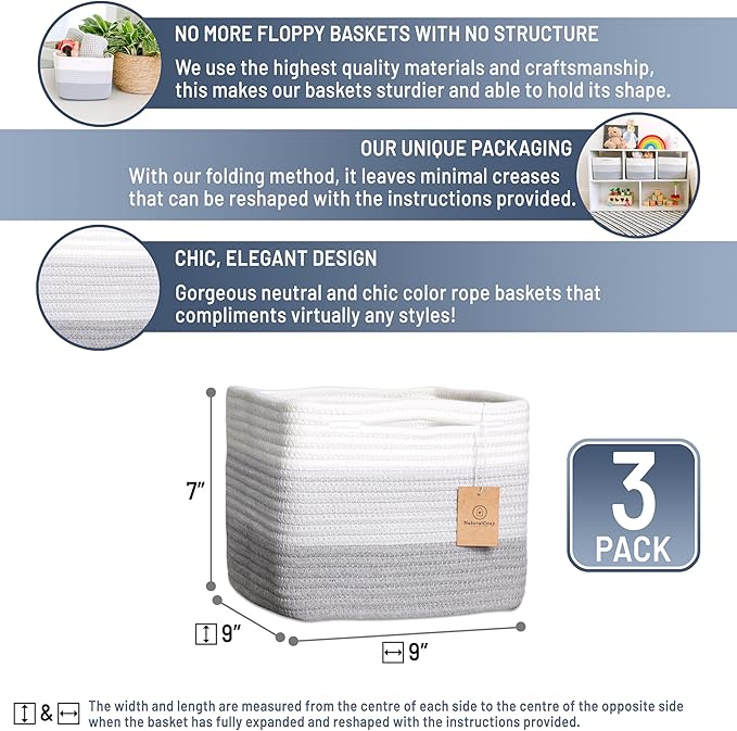 NaturalCozy Storage Cubes 9”x9”x7”Cotton Rope Woven Baskets for Organizing 3-Pack | 9 Inch Cube Storage Bin | Small Basket fo