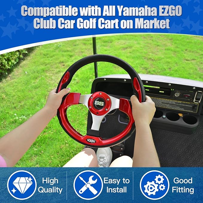 NOKINS 12.5" Universal Golf Cart Steering Wheel, Fit EZGO TXT/RXV/Club Car DS/Precedent/Yamaha, Most Golf Carts (Red)